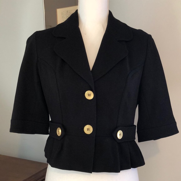 Itw by Claude Brown black cropped 3/4 sleeve jacket, ruffle bottom. Small - Picture 1 of 7
